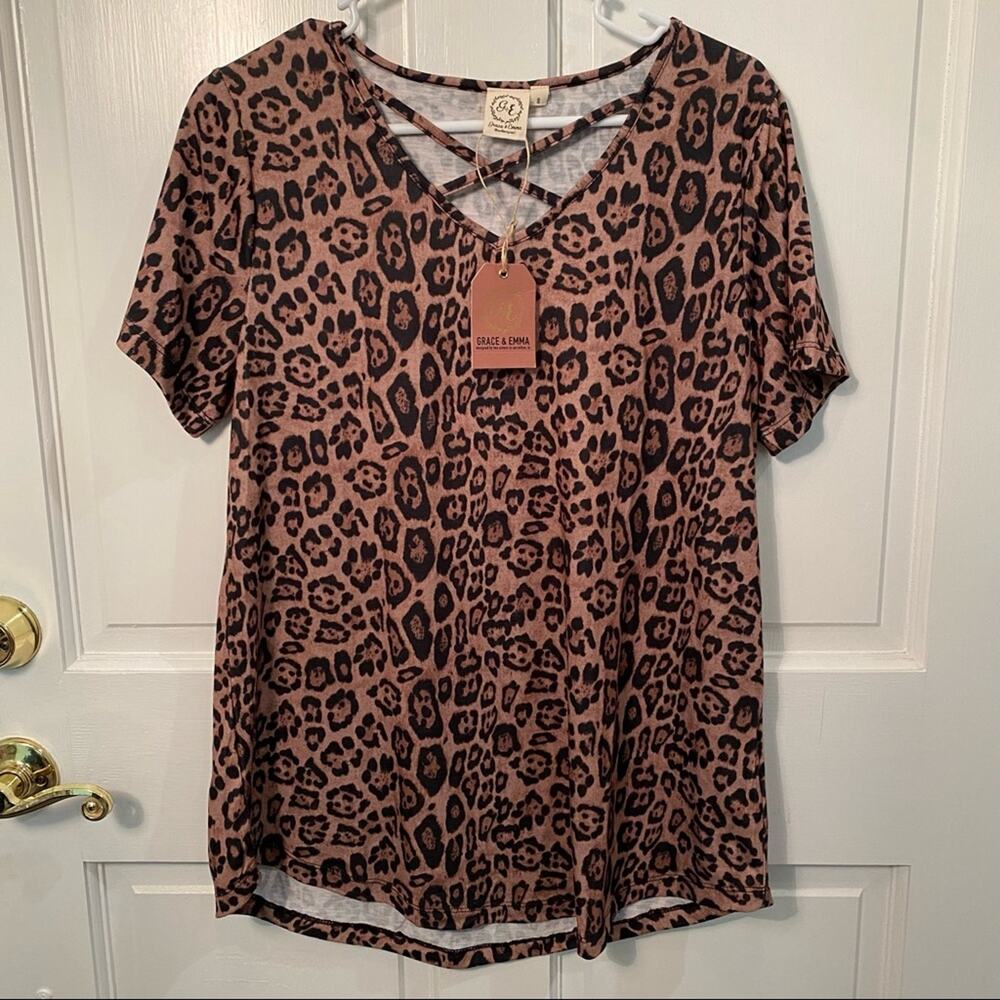 Grace & Emma shirt Leopard Animal Print & Flirty cross cross Top NWT S